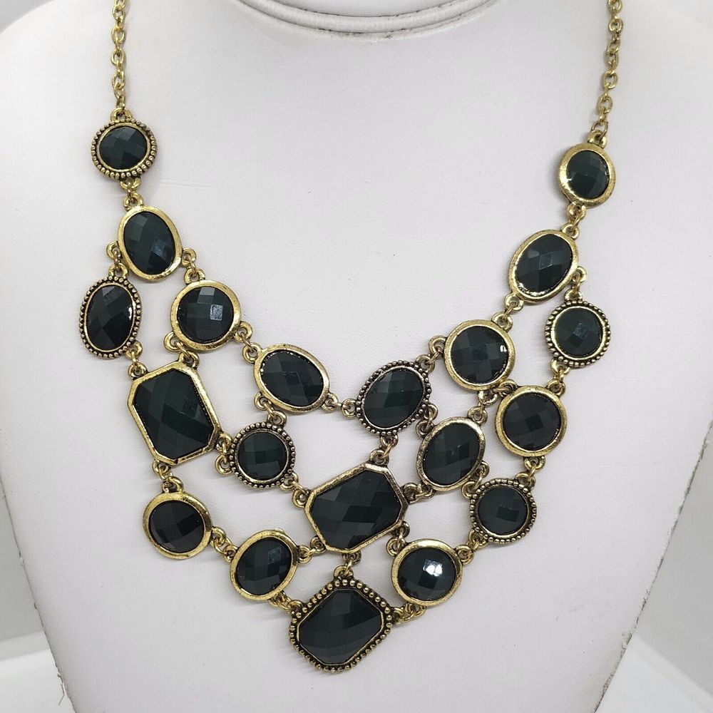 Gold Tone Green Bib Statement Necklace‎